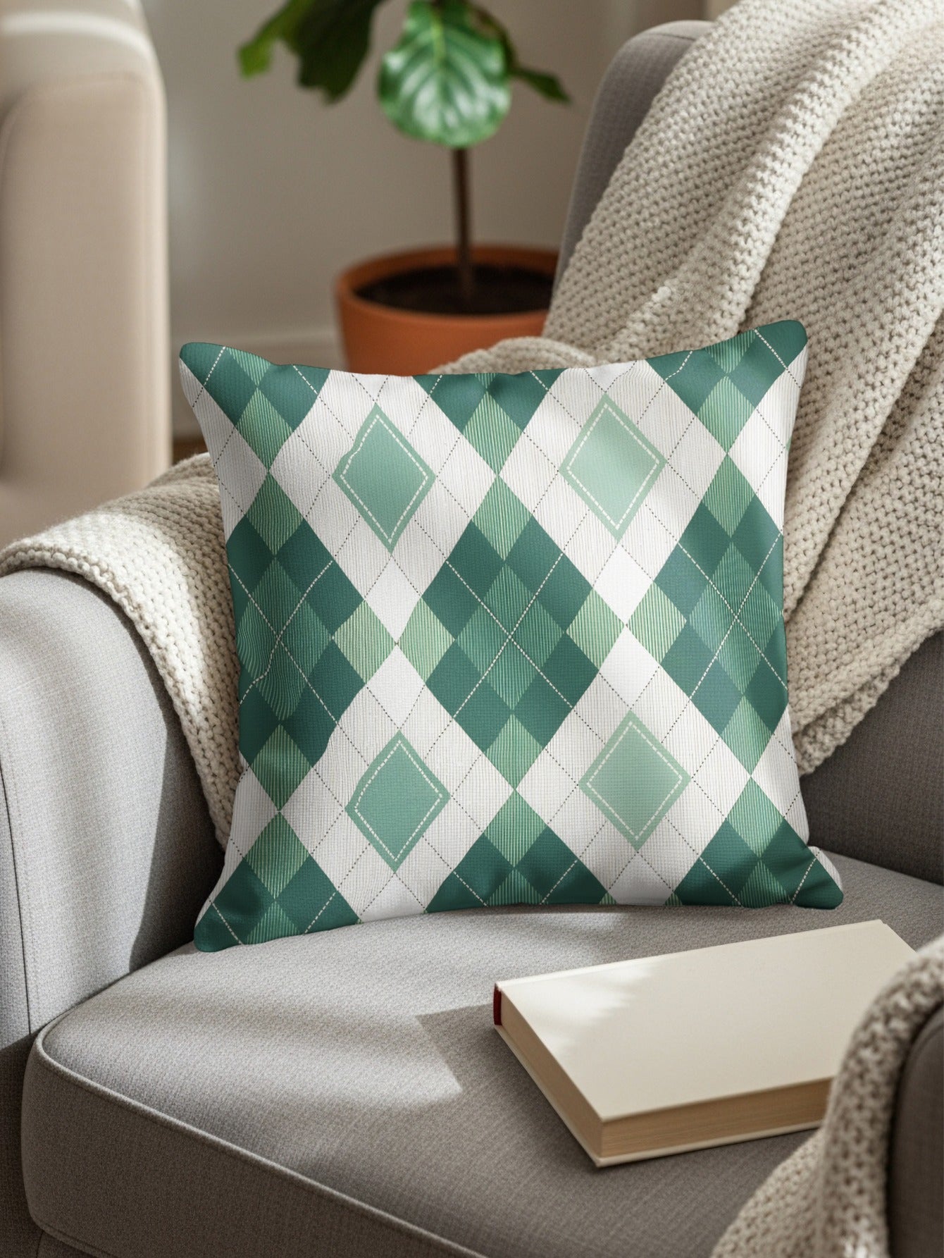 Green and White Argyle Geometric Pattern Pillow