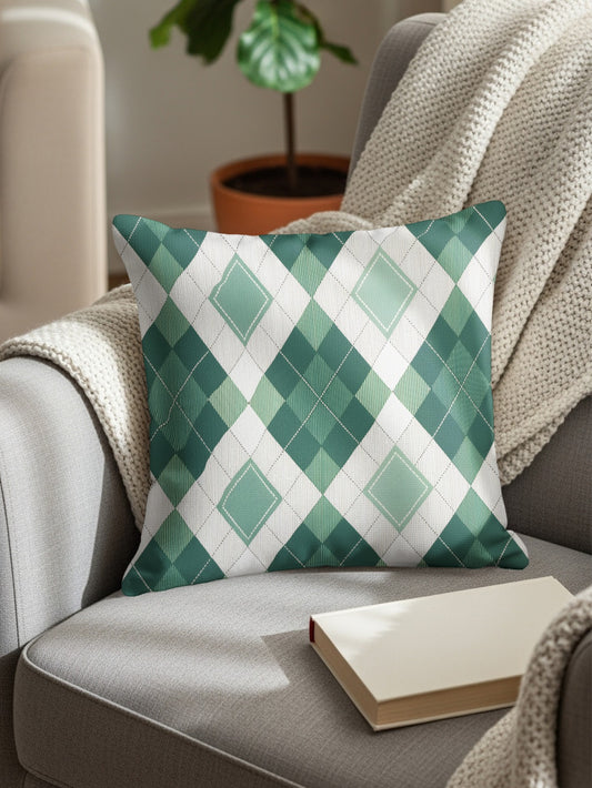 Green and White Argyle Geometric Pattern Pillow