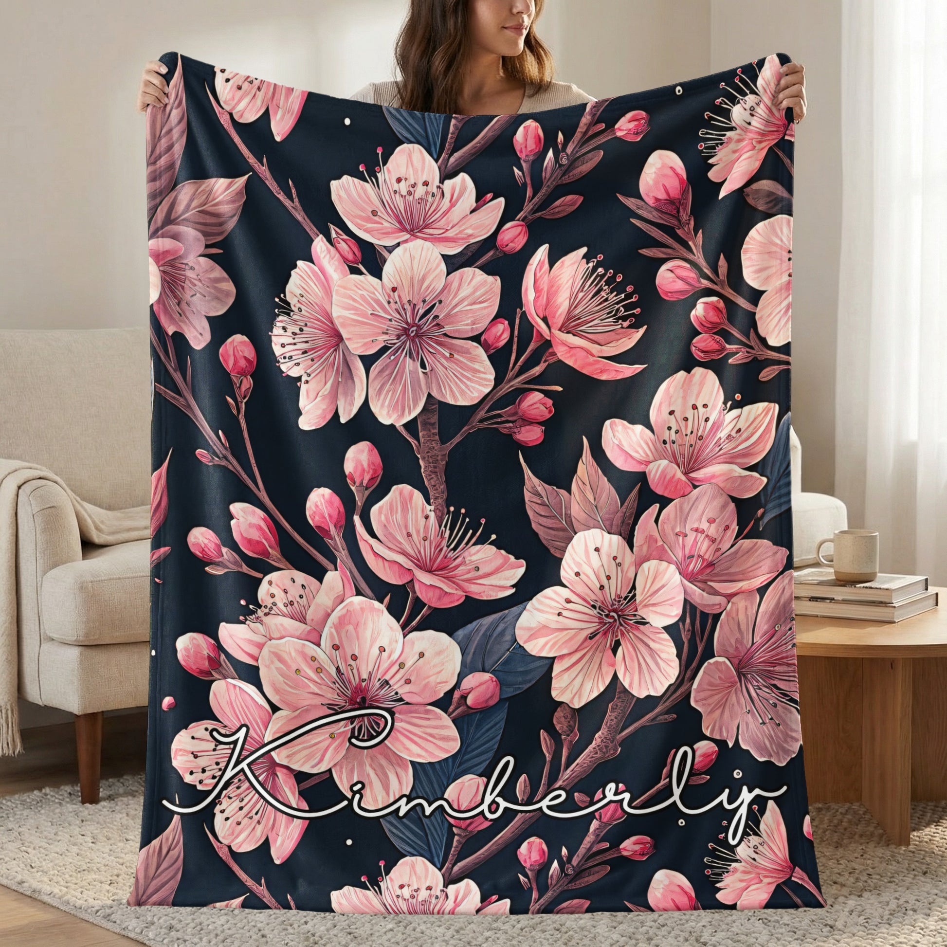 Floral Custom Name Blanket With Pretty Pink Blooms Design - Walk Greener