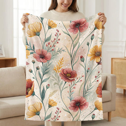 Watercolor Floral Pattern Design Red And Yellow Flowers Velveteen Plush Blankets - Walk Greener