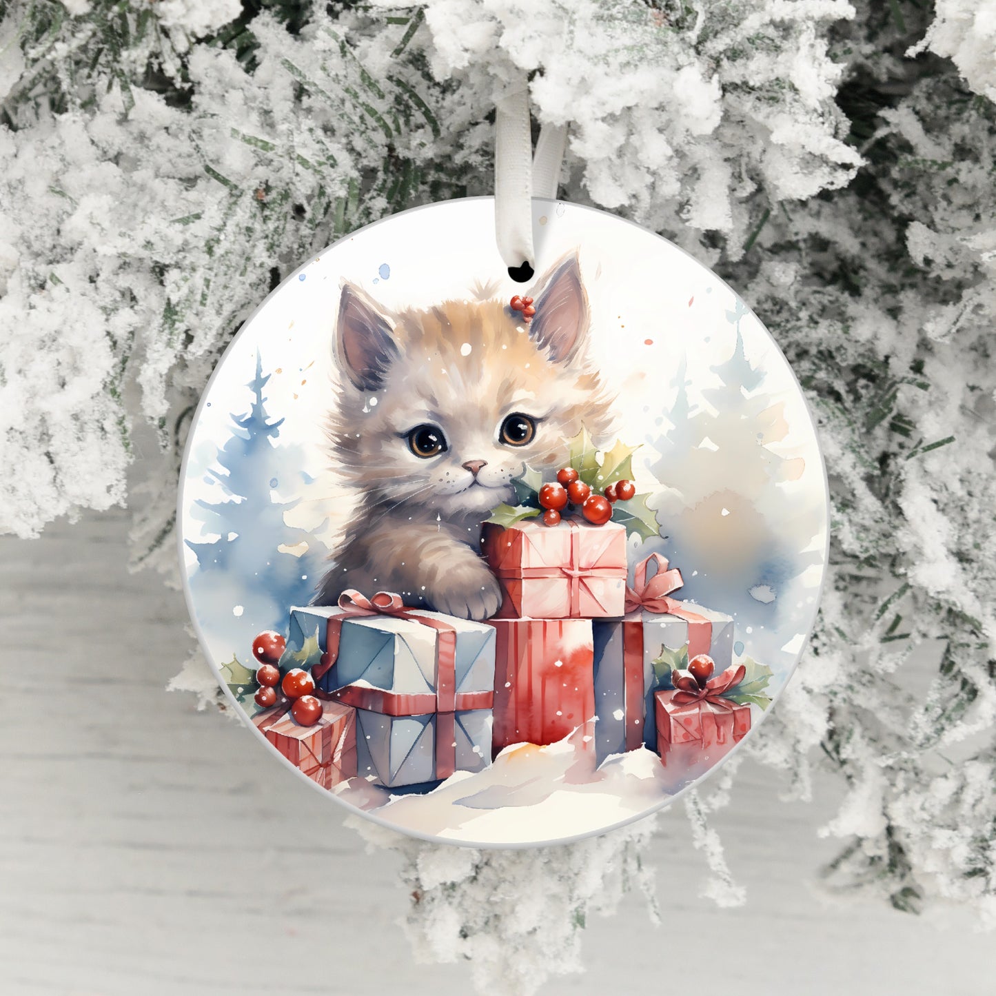 Adorable Kitten with Holiday Gifts Ornament product type