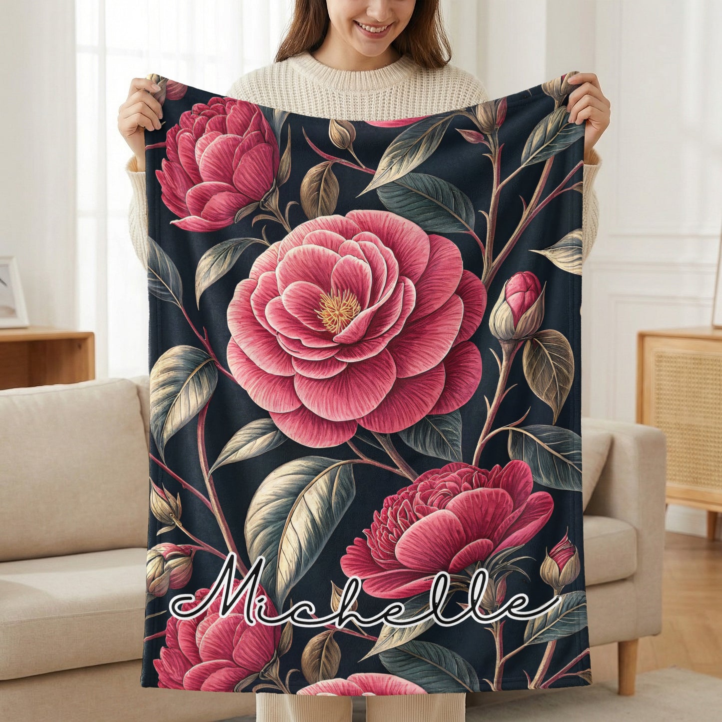 Personalized Floral Blanket with Michelle Text Design