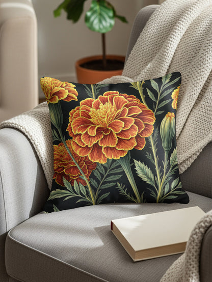 Orange Yellow Marigold Floral Art Pattern Decorative Floral Throw Pillows - Walk Greener