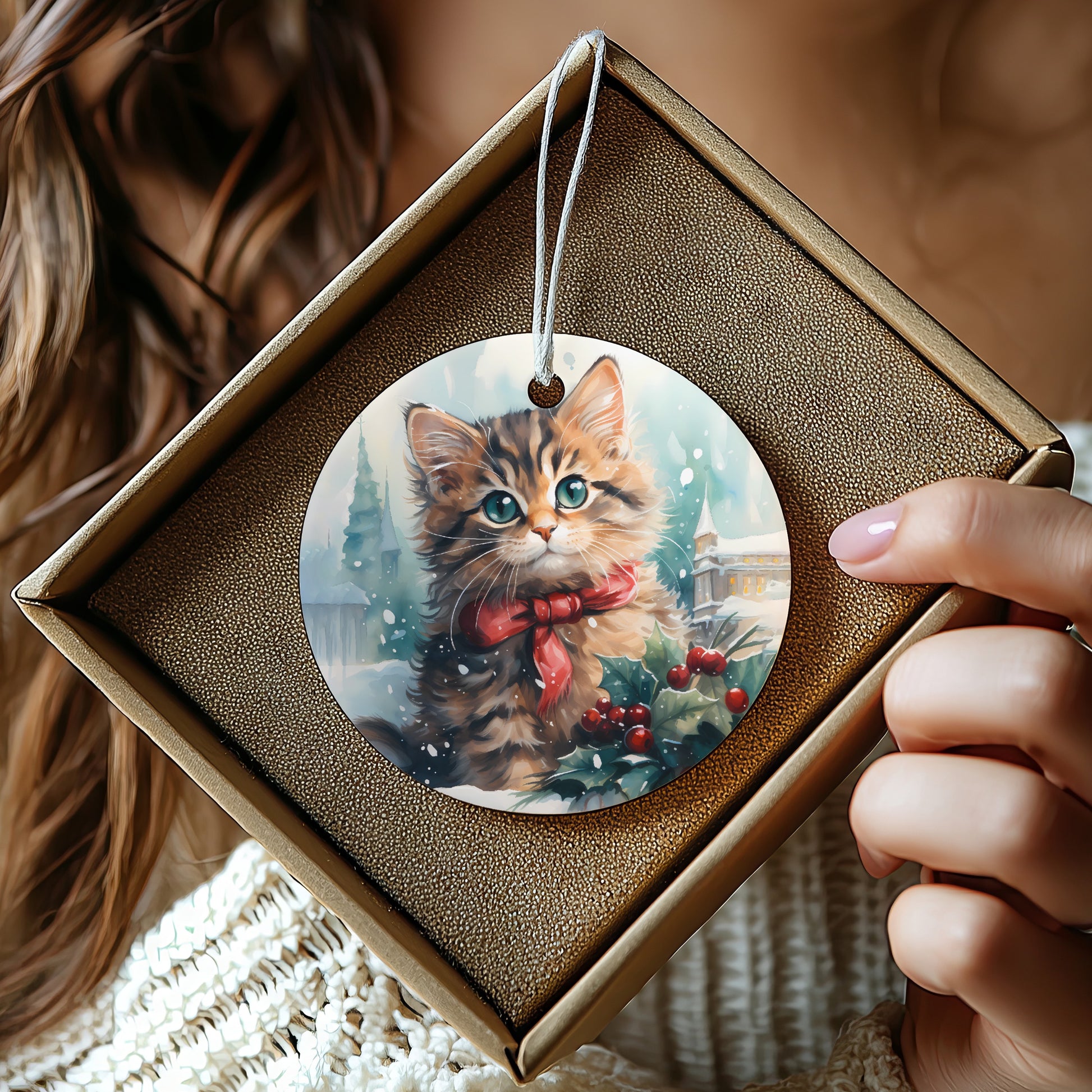 Festive Kitten with Holiday Red Bow Christmas Ornament product