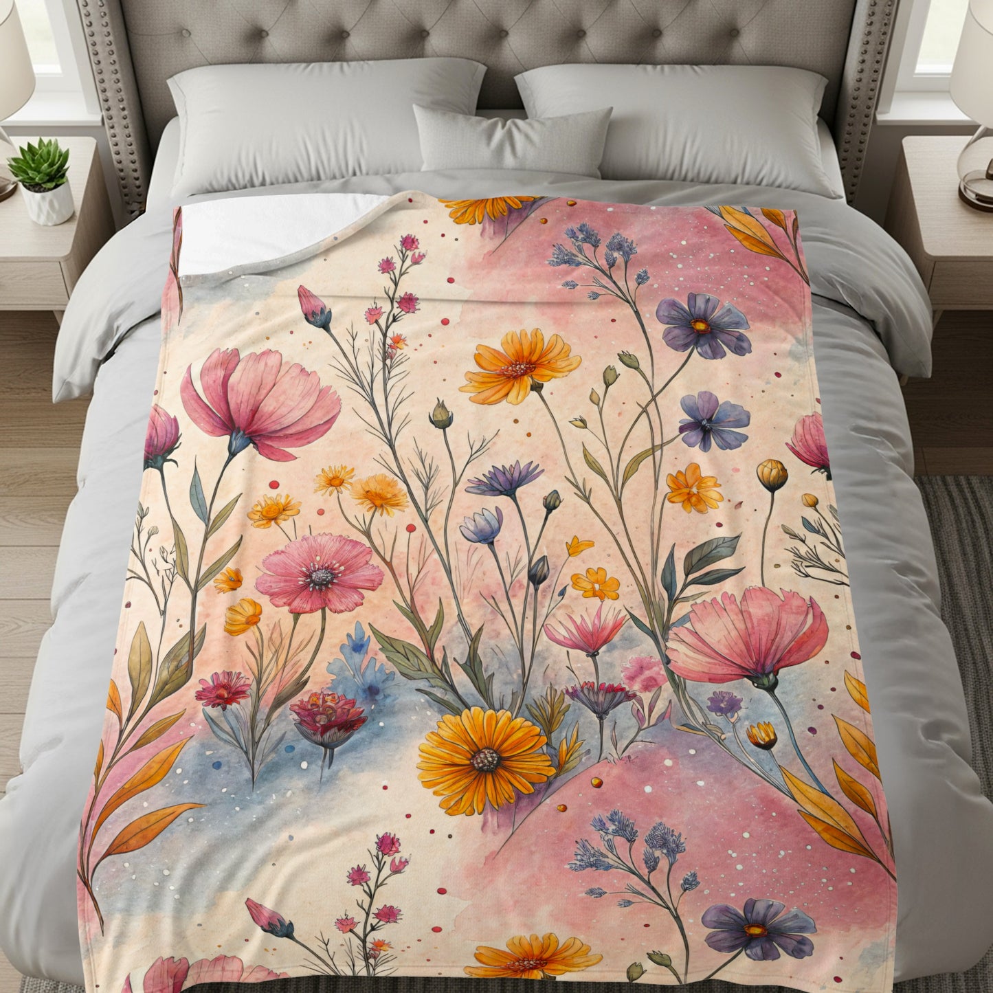 Watercolor Meadow Flowers on Light Background Velveteen Plush Blankets - Walk Greener