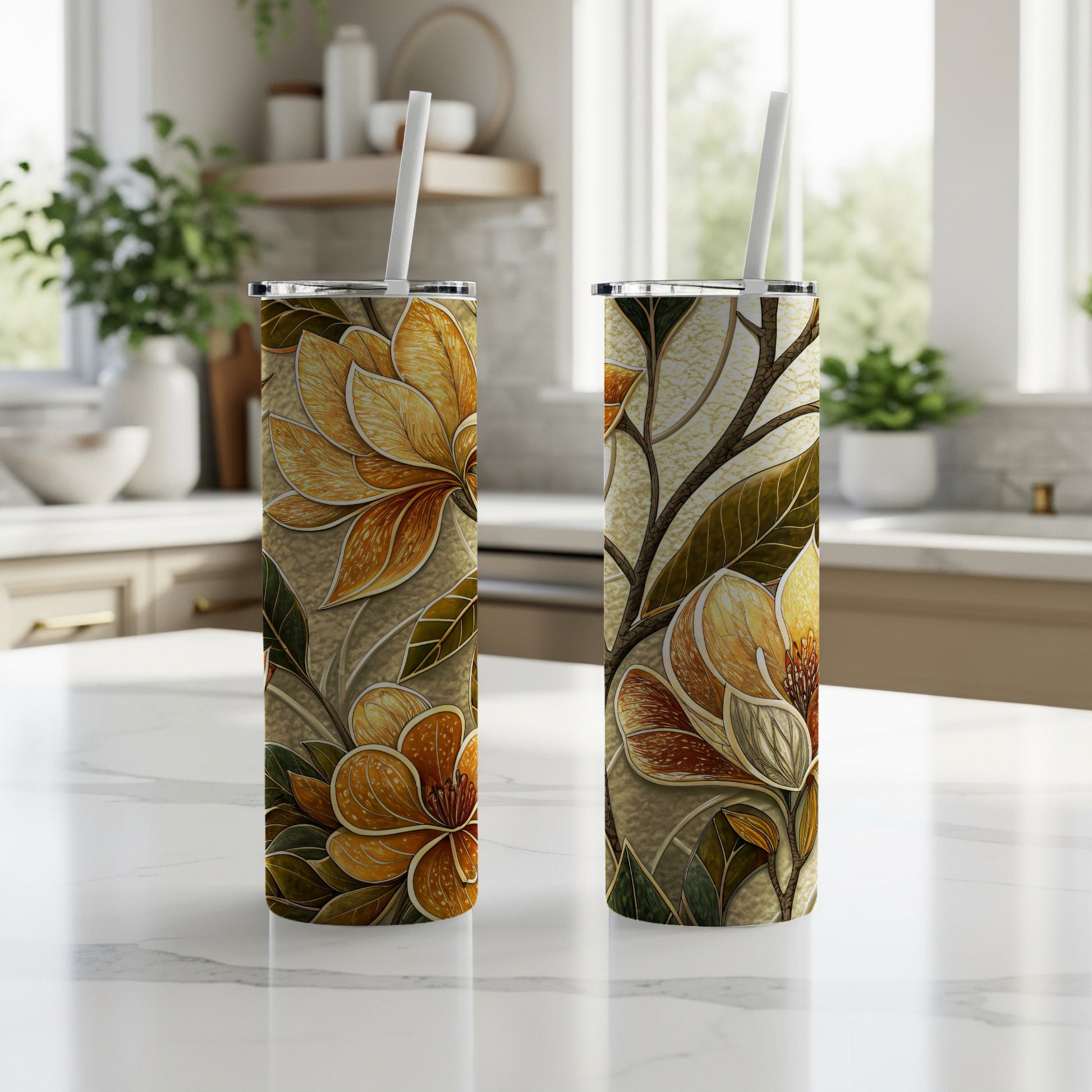 Golden Floral Bloom Delightful Botanical Decor 20 oz Skinny Tumbler - Walk Greener