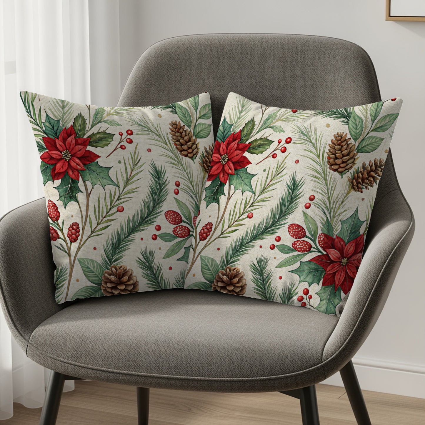Festive Holiday Floral and Pine Cone Design Pillow Set