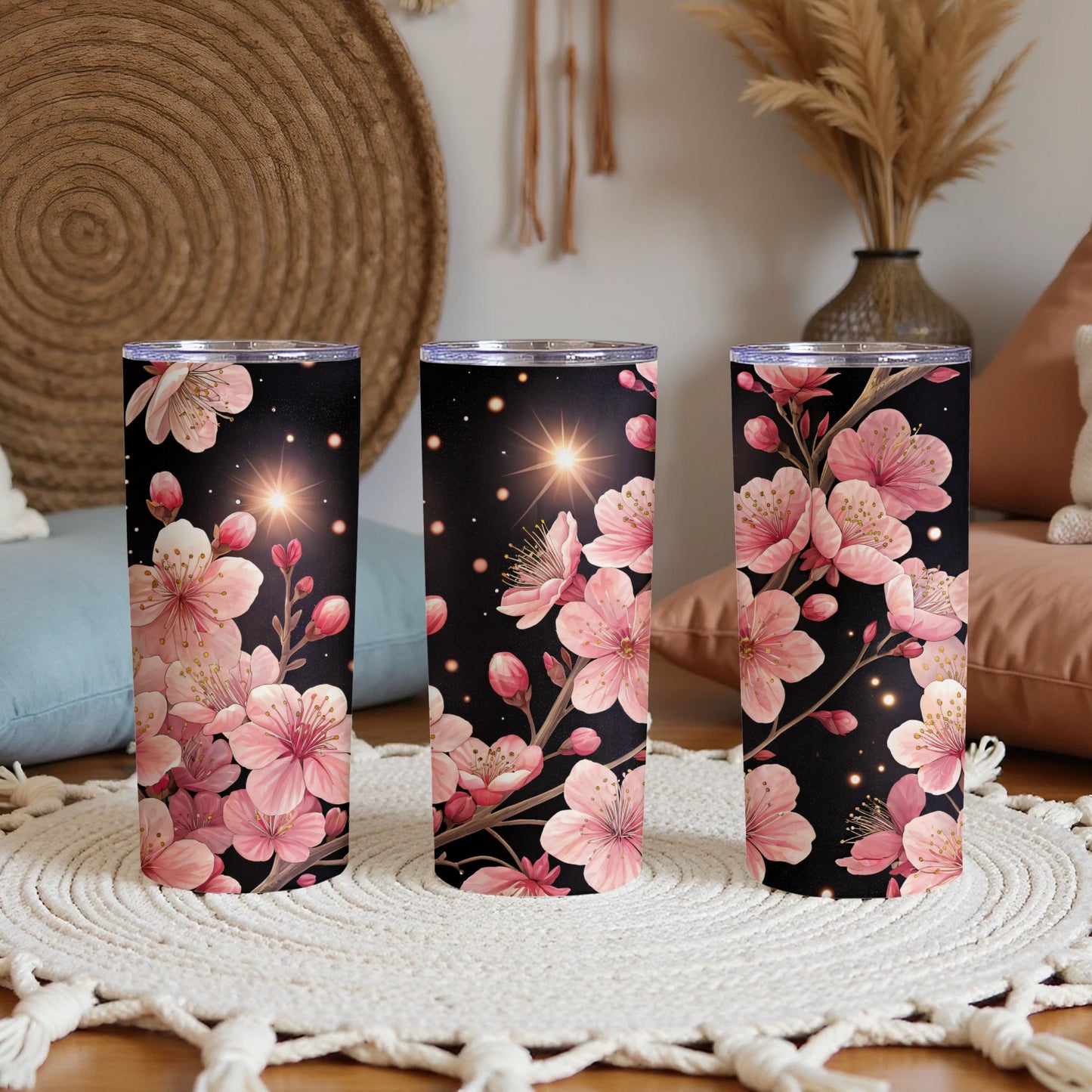 Pink Blossoms Against a Night Sky Floral Design Tumblers - Walk Greener
