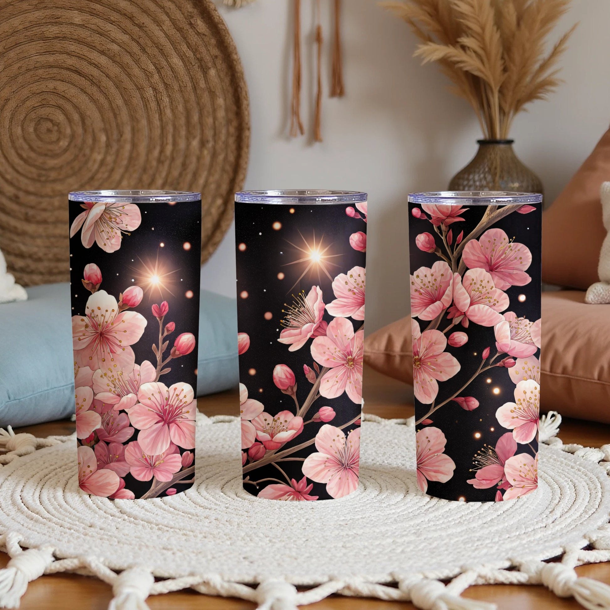 Pink Blossoms Against a Night Sky Floral Design Tumblers - Walk Greener