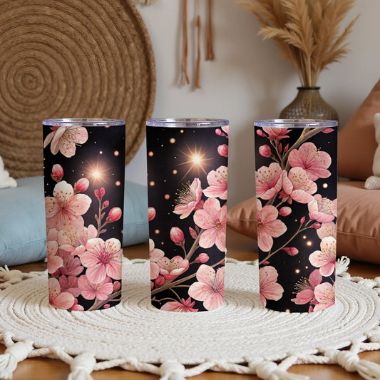 Pink Blossoms Against a Night Sky Floral Design Tumblers - Walk Greener