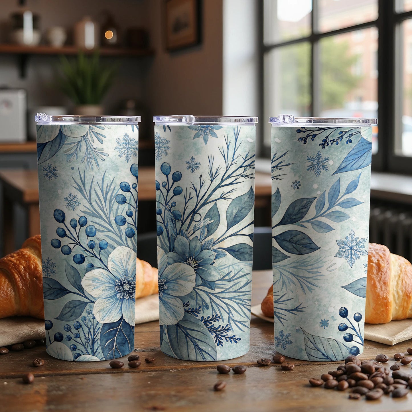 Elegant Blue Floral Design Insulated Tumbler Cup