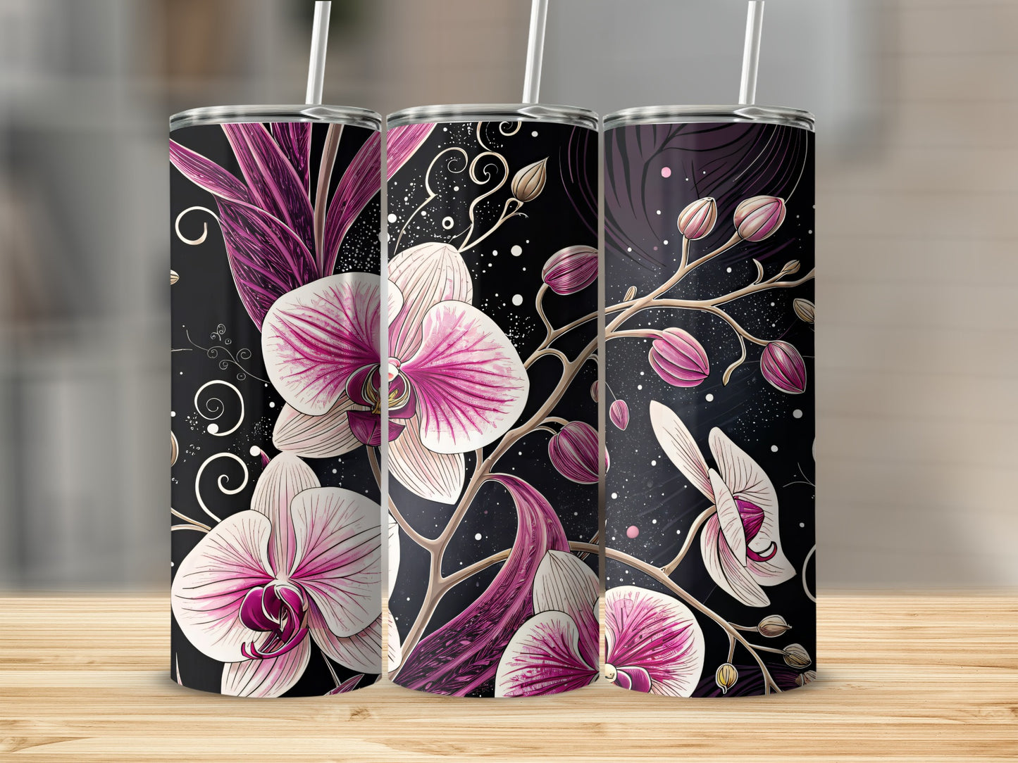 Pink Orchids On Black With Swirls Floral Art Tumblers - Walk Greener