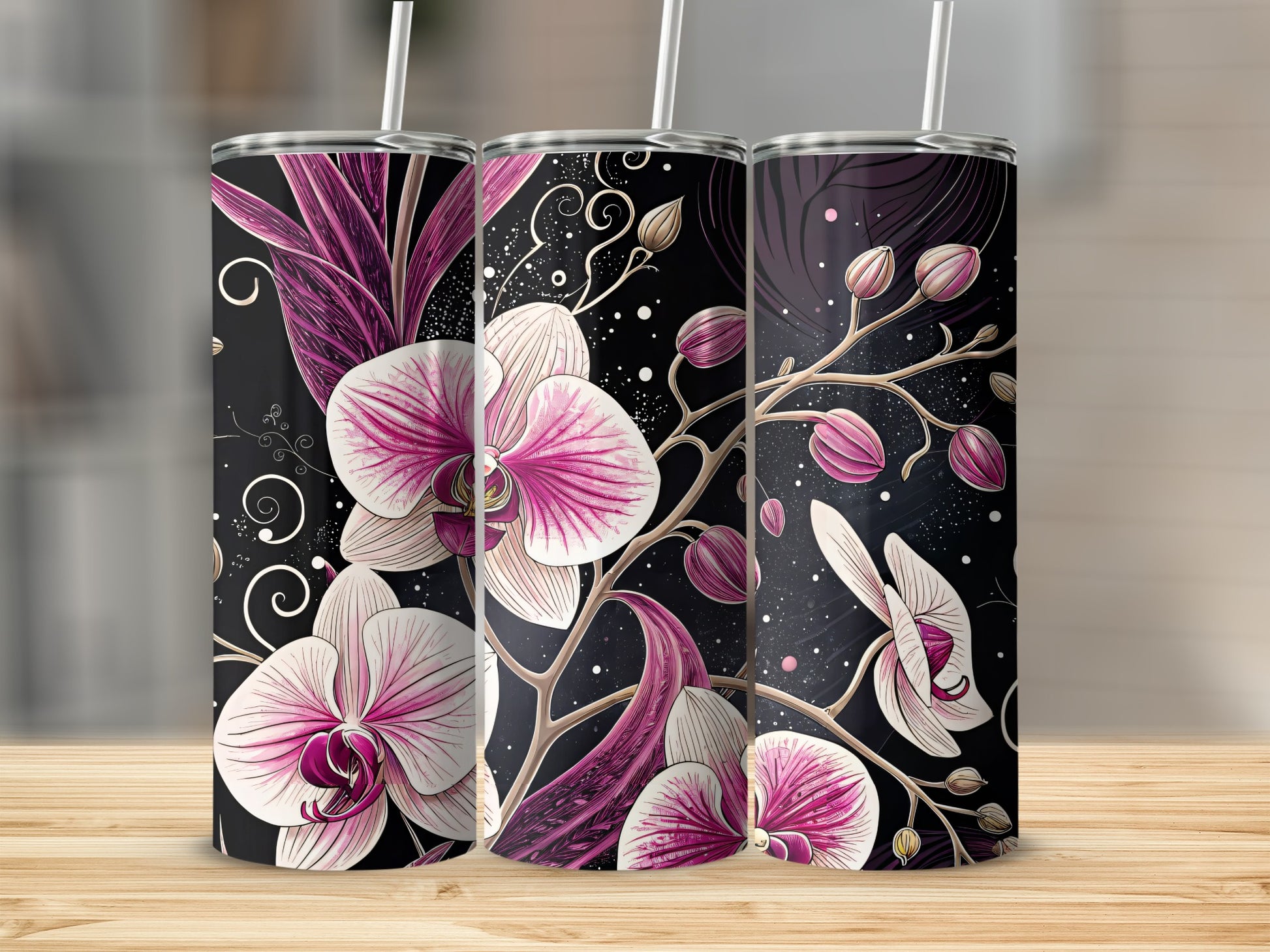 Pink Orchids On Black With Swirls Floral Art Tumblers - Walk Greener