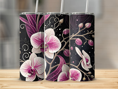 Pink Orchids On Black With Swirls Floral Art Tumblers - Walk Greener