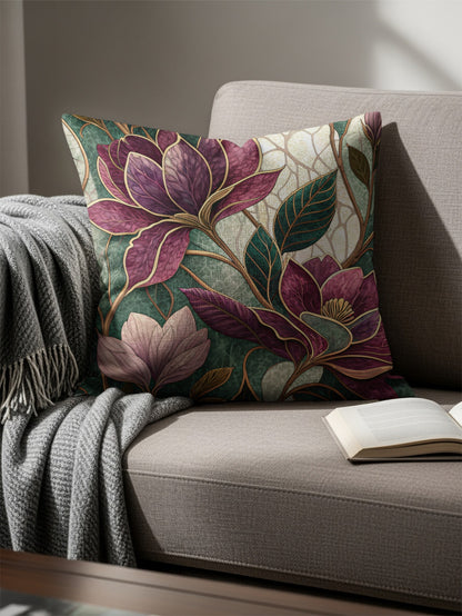Magnolia Floral Artwork in Green and Purple Tones Throw Pillows - Walk Greener