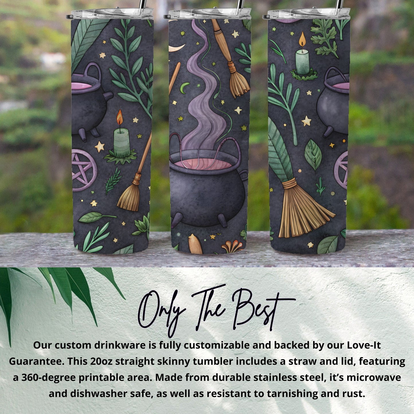 Mystical Witchy Cauldron and Broomstick Skinny Tumbler