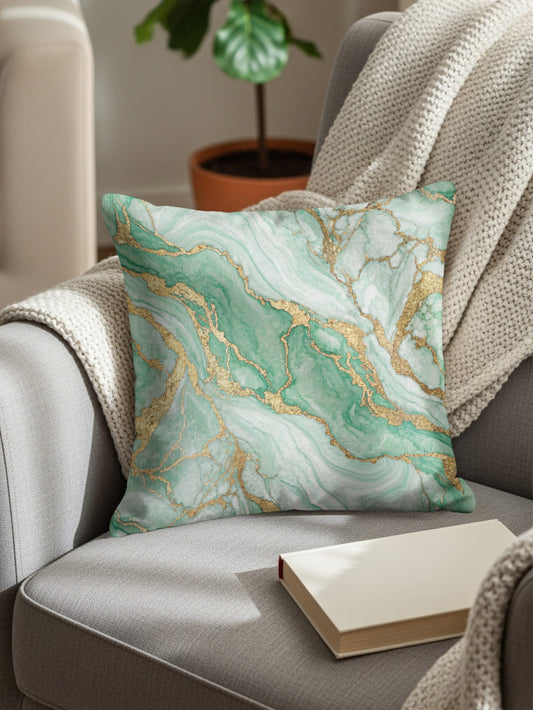 Elegant Green Marble and Gold Accent Pillow