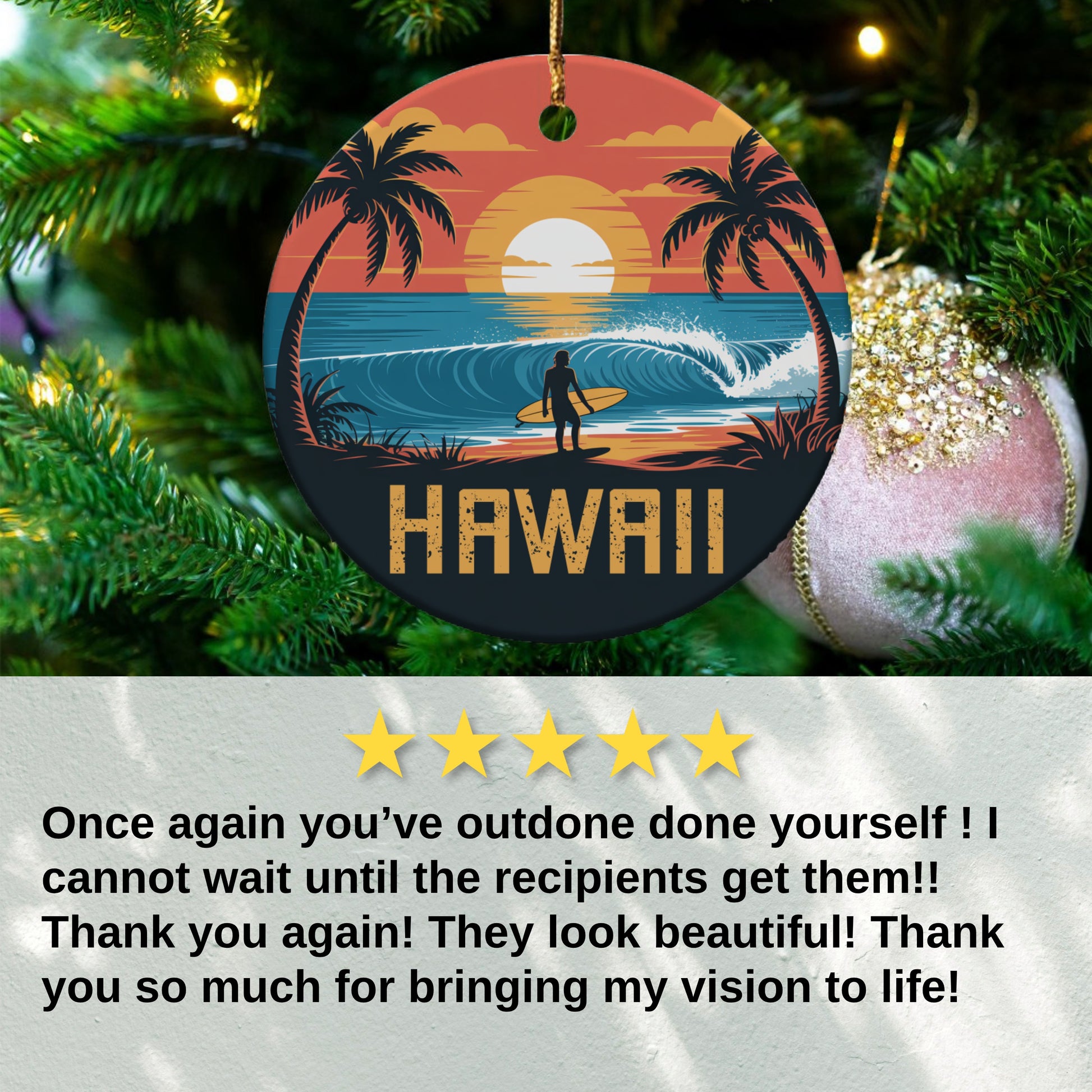 Hawaii Surfing Sunset Scene Christmas Ornament product