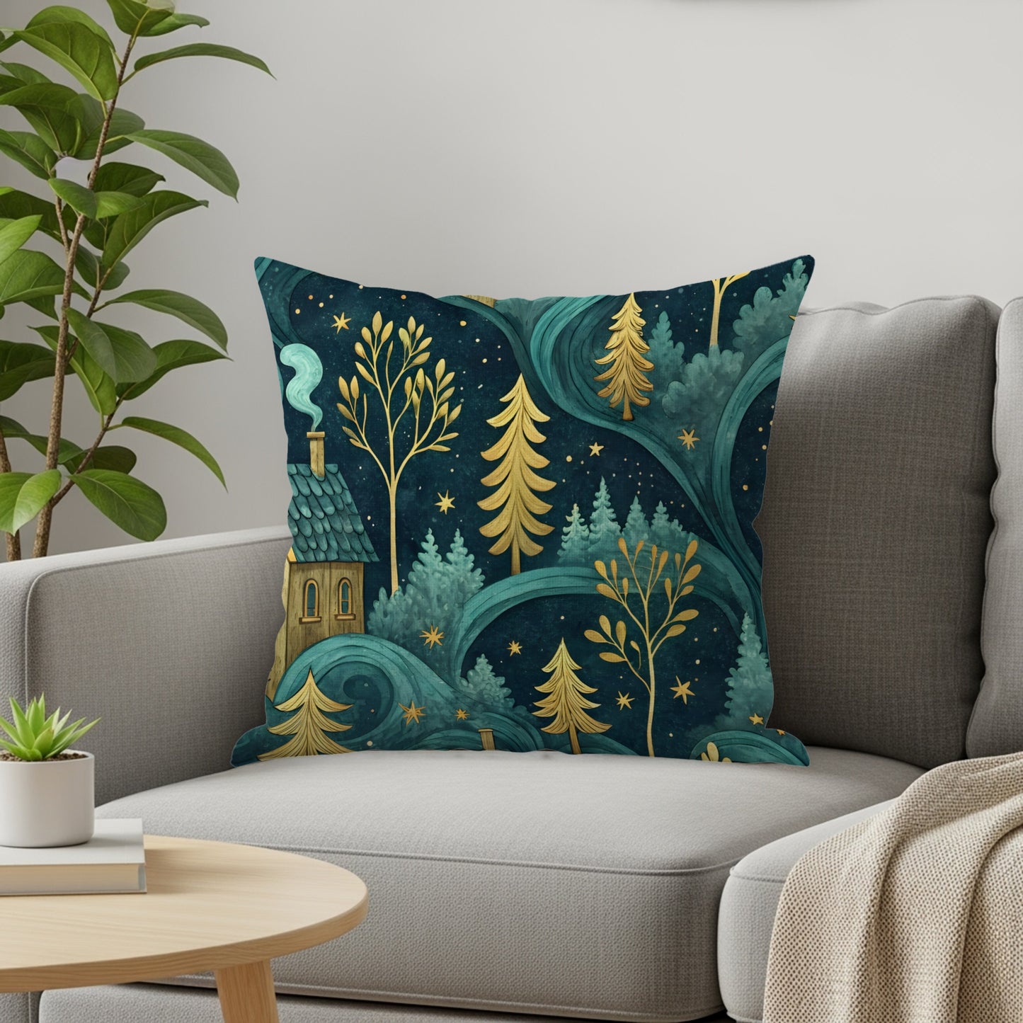 Night Sky Homes And Golden Trees Pattern Throw Pillows - Walk Greener