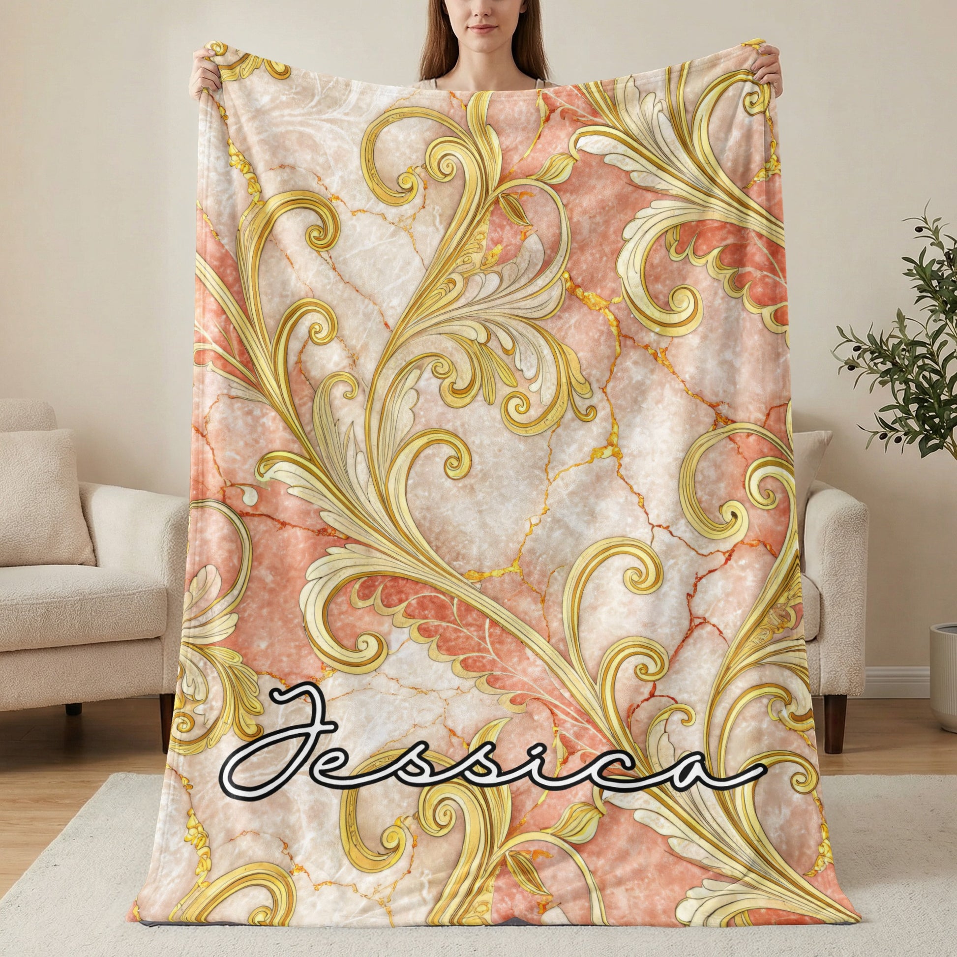 Elegant Golden Pattern Custom Name Design Personalized Blanket - Walk Greener