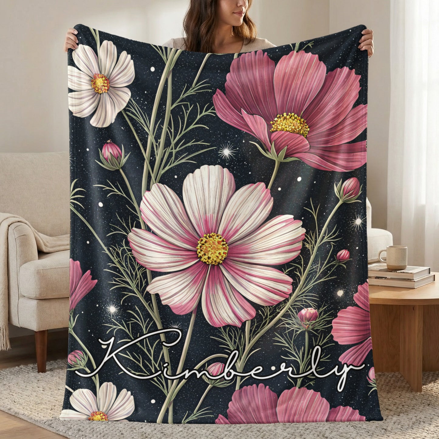 Cosmos Flowers With Custom Name On Dark Backdrop Custom Blanket - Walk Greener