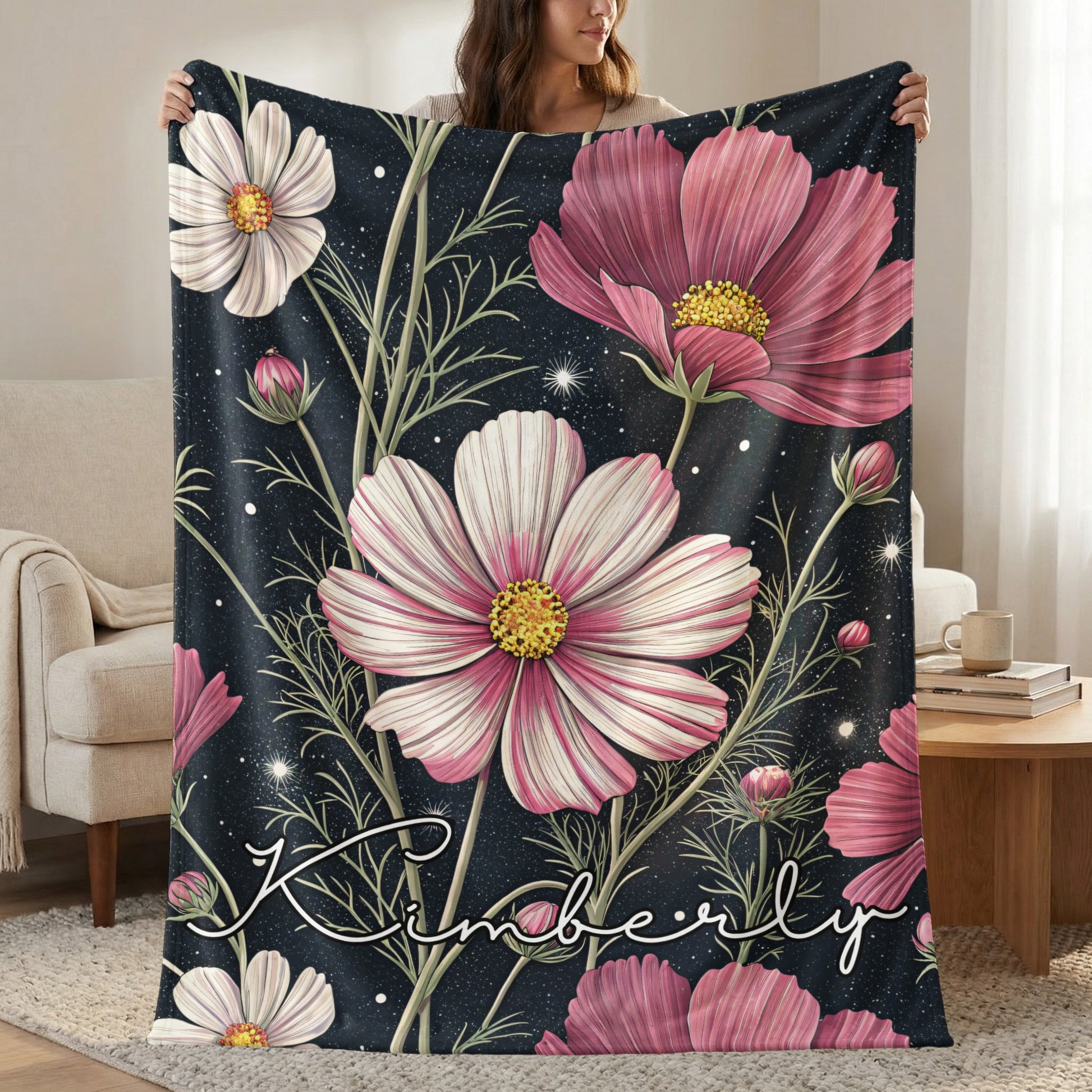 Cosmos Flowers With Custom Name On Dark Backdrop Custom Blanket - Walk Greener