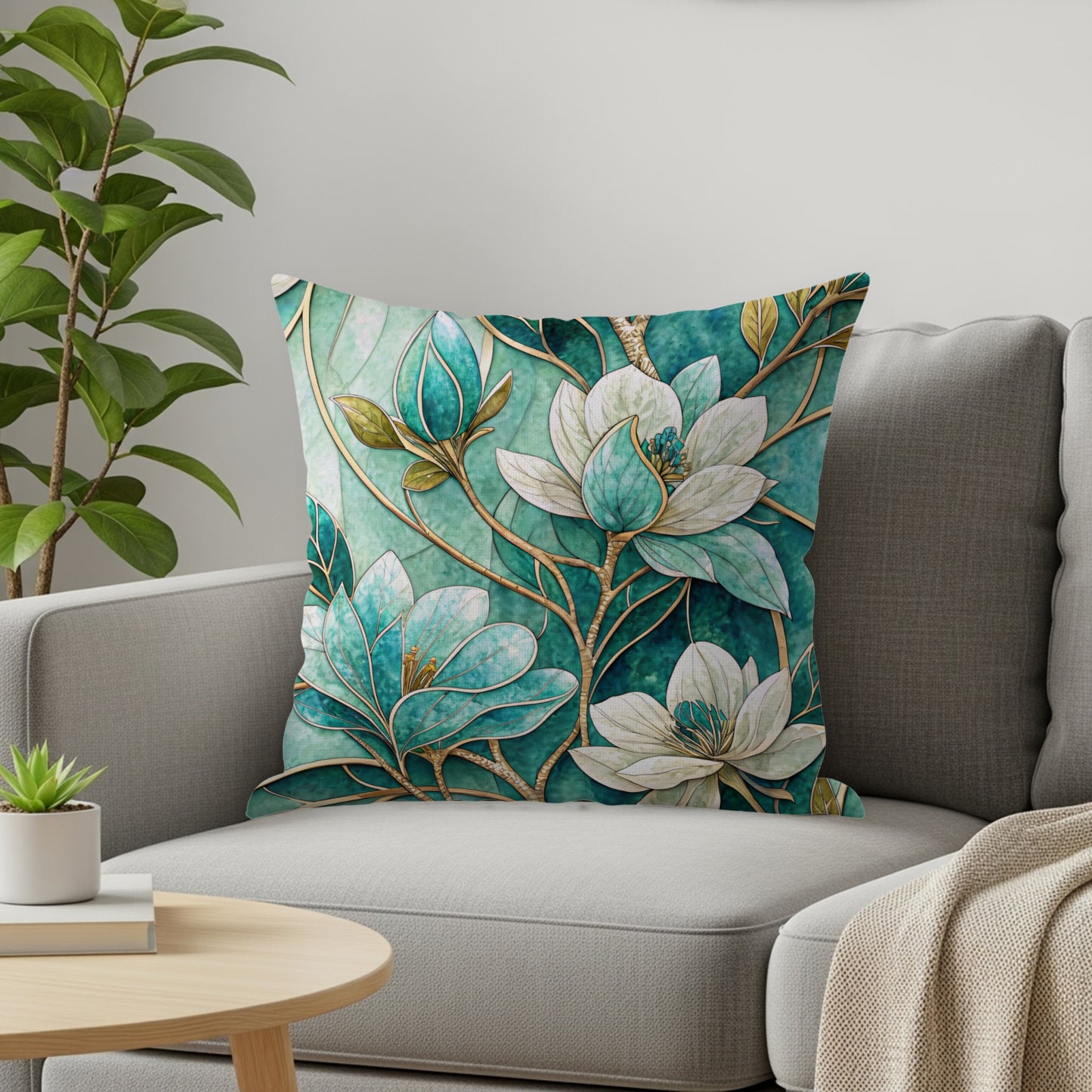 Elegant Floral Mosaic Design on Emerald Green Throw Pillows - Walk Greener