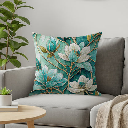 Elegant Floral Mosaic Design on Emerald Green Throw Pillows - Walk Greener