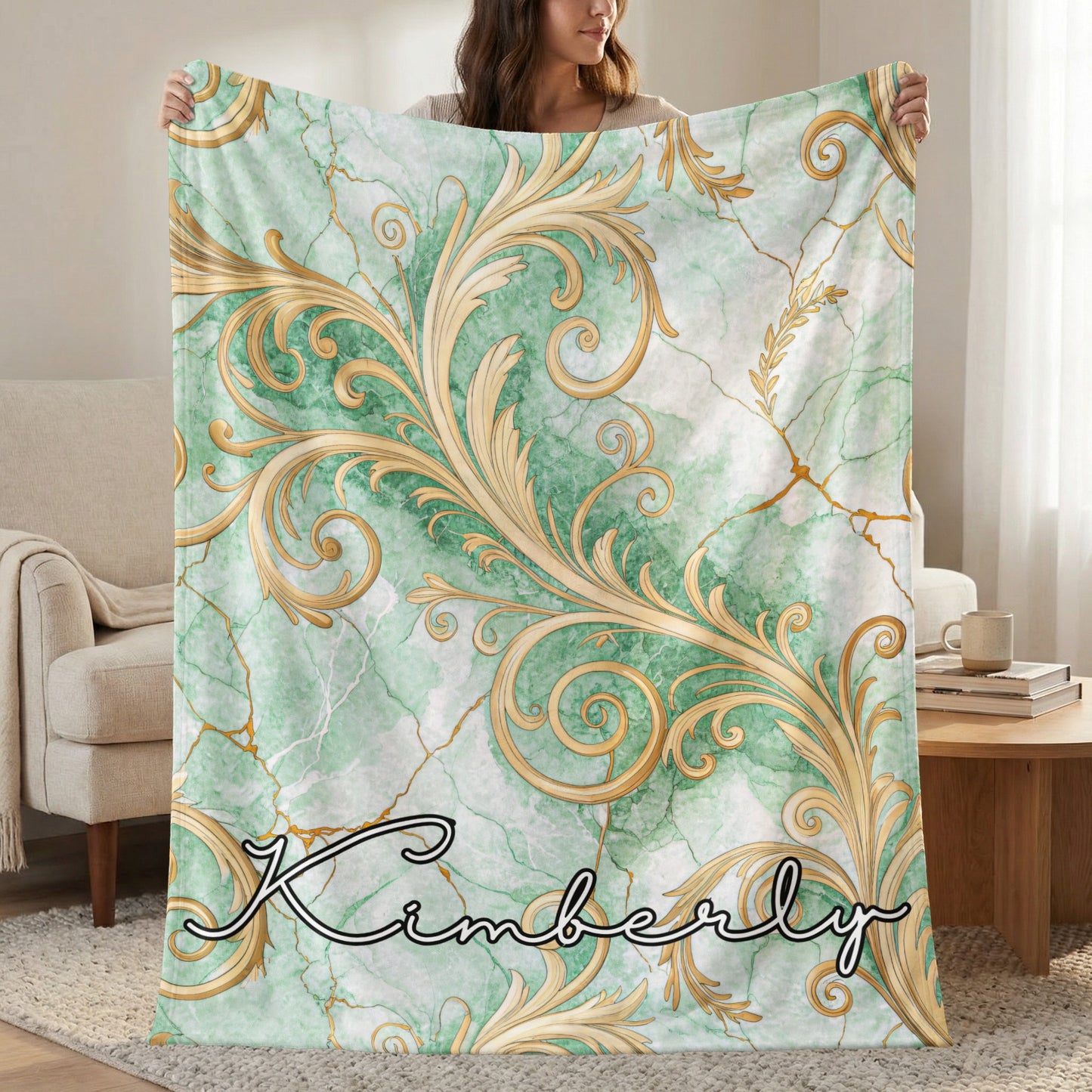 Personalized Green Marble and Gold Swirl Blanket