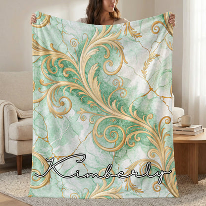 Personalized Green Marble and Gold Swirl Blanket
