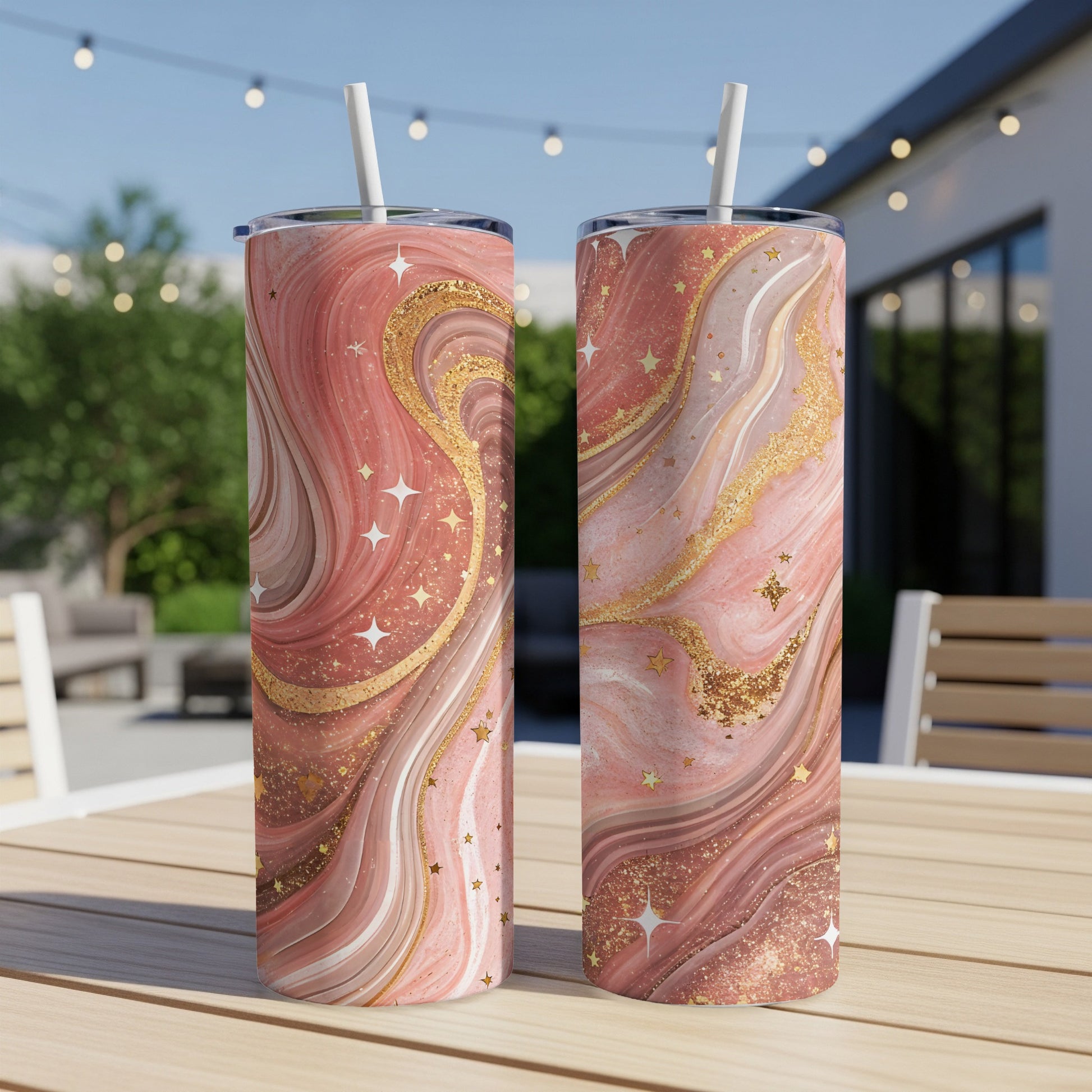 Glittering Pink Marble Pattern Tumbler with Stars Design