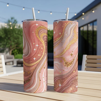 Glittering Pink Marble Pattern Tumbler with Stars Design