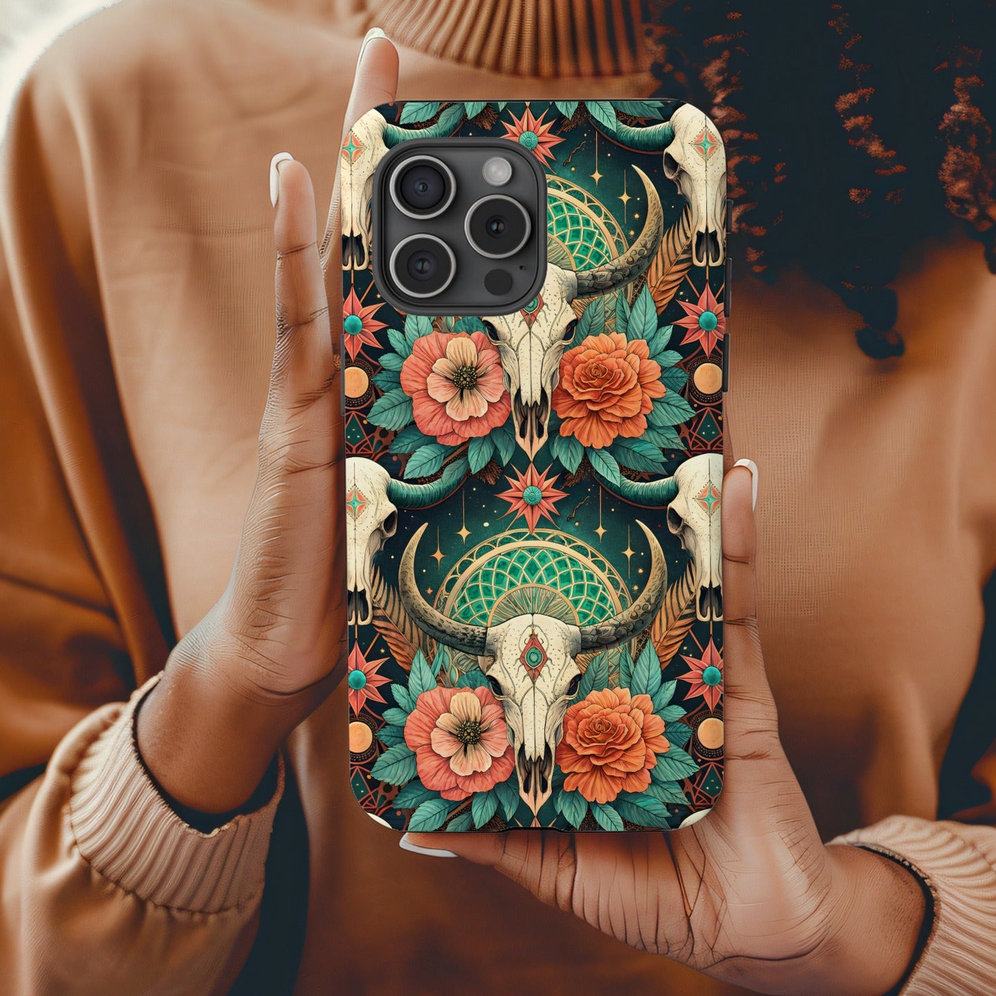 Boho Skull Floral Pattern With Custom Name Initial Phone Case - Walk Greener