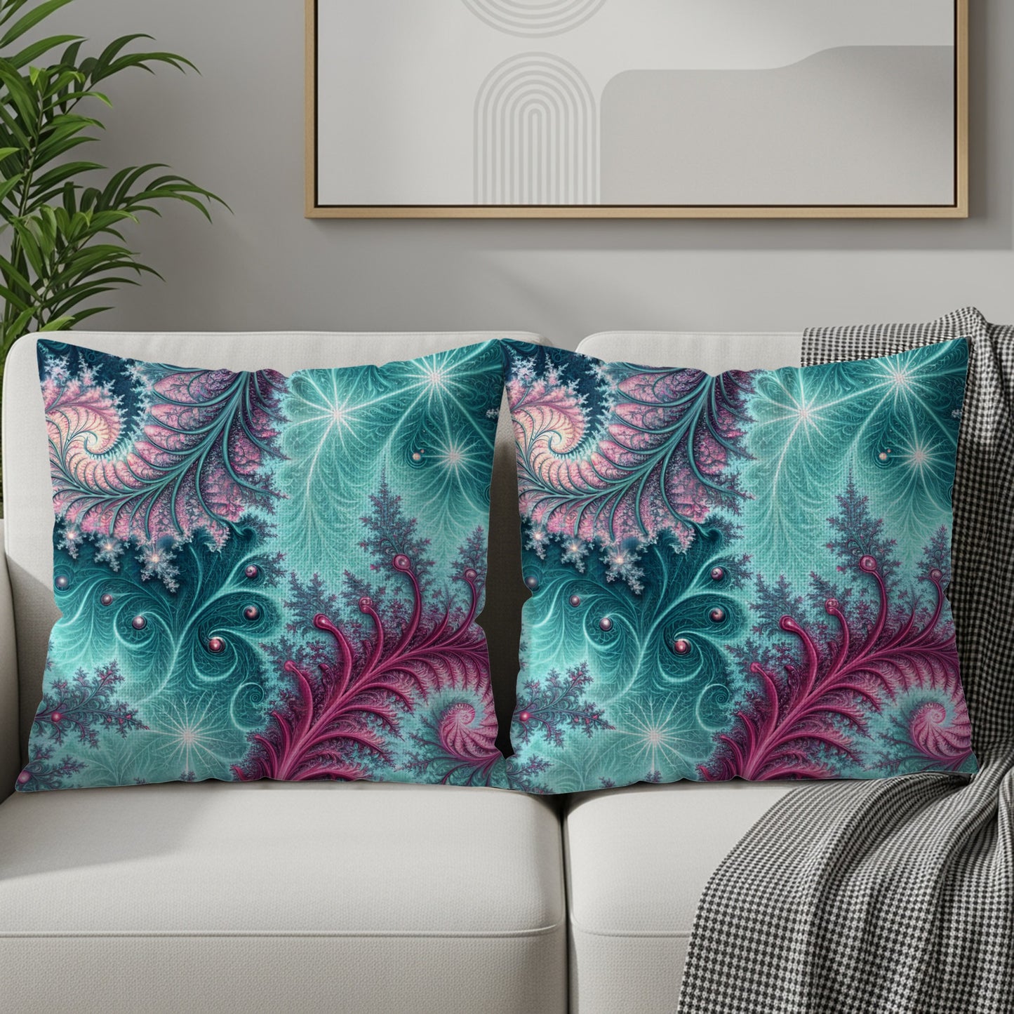 Turquoise Fractal with Pink Accent Design Decor Throw Pillows - Walk Greener