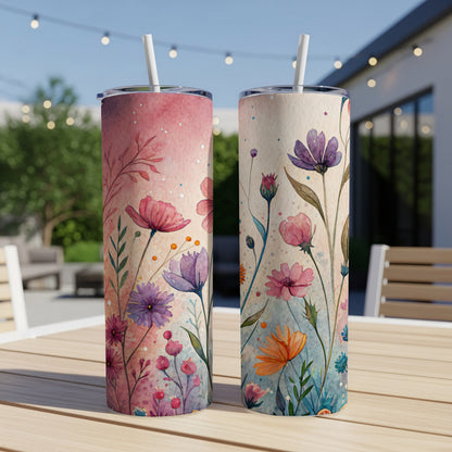Watercolor Flowers On The Meadow Pink Purple 20 oz Skinny Tumbler - Walk Greener
