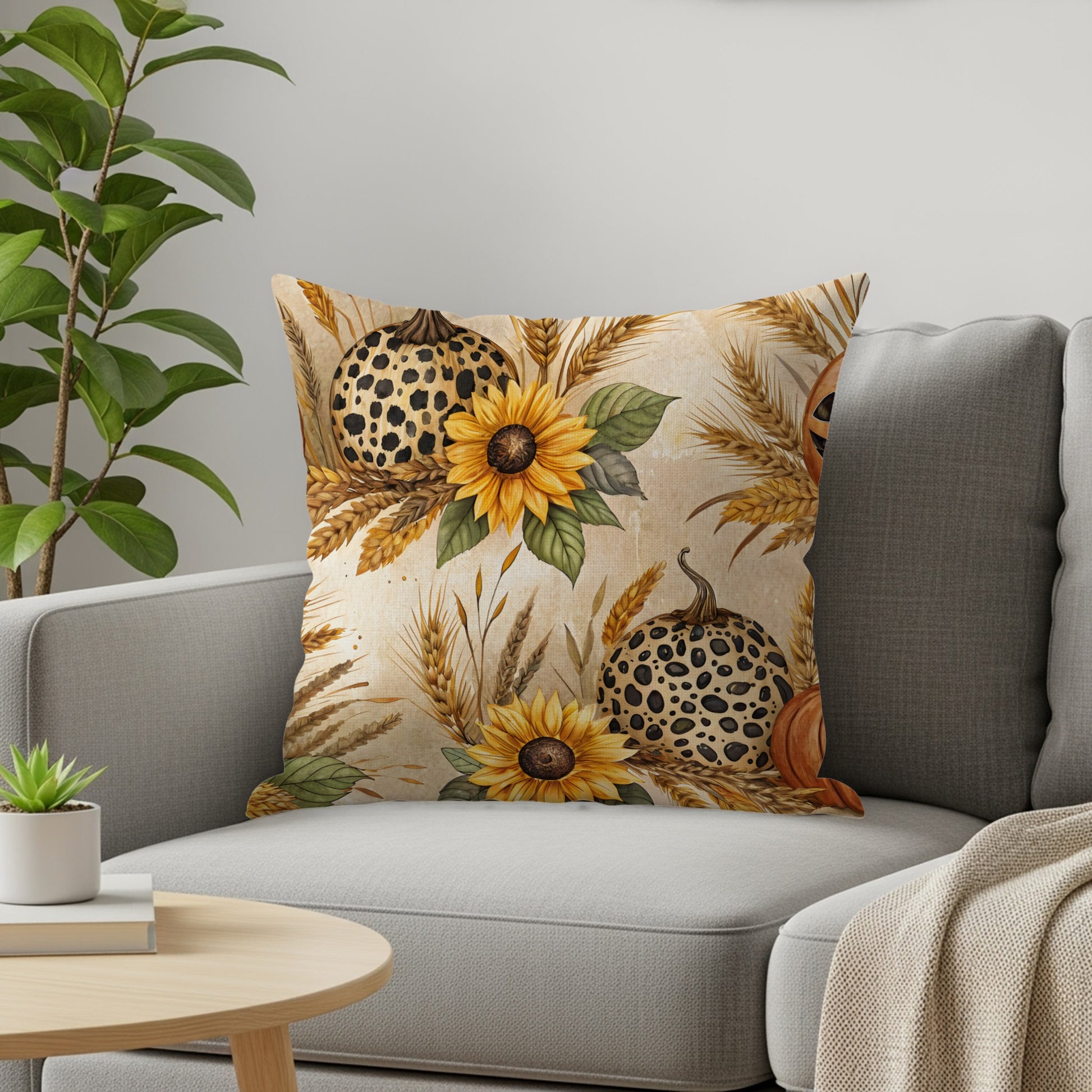 Sunflower and Pumpkin Design Throw Pillow for Home Decor