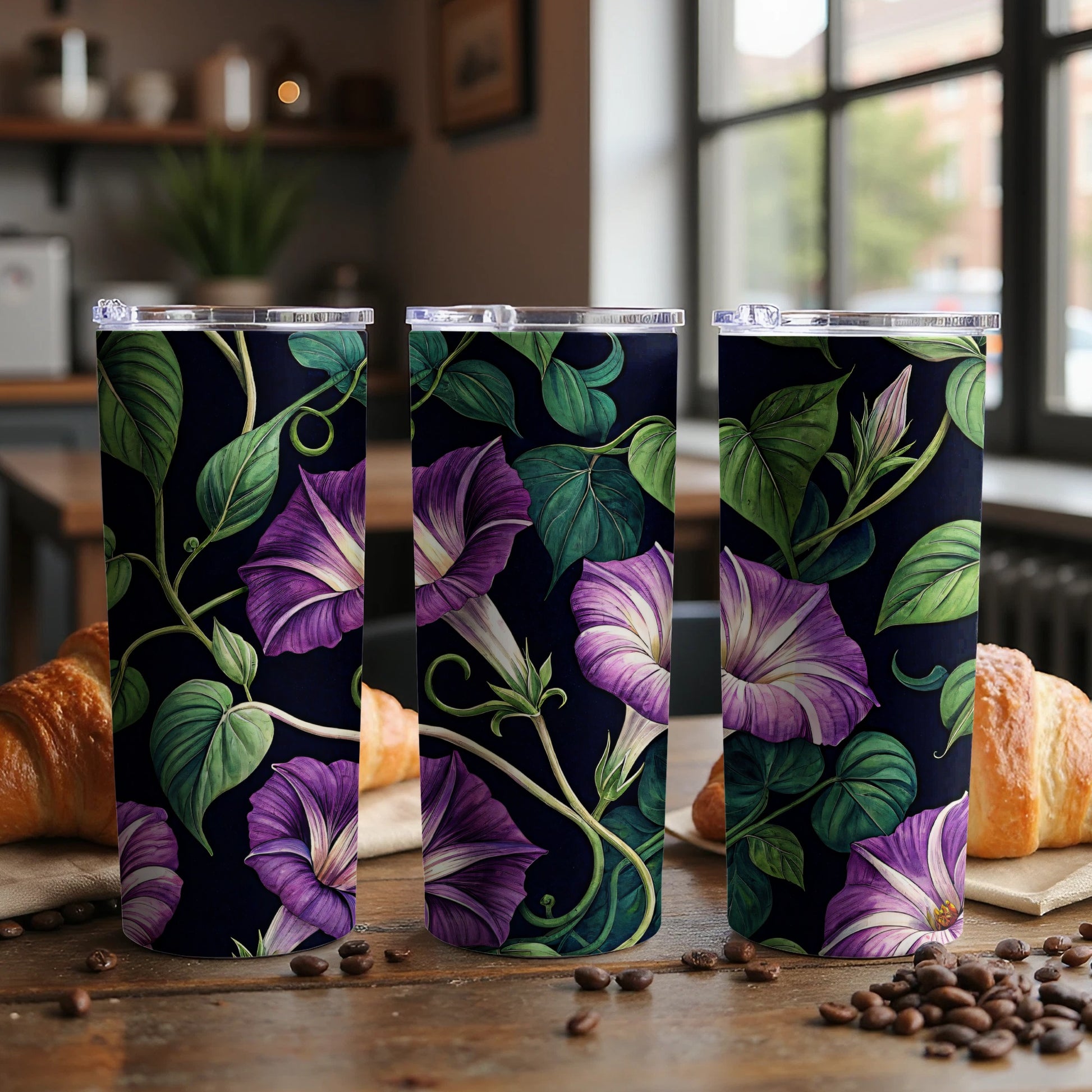 Floral Morning Glory Blooms On Dark Canvas Tumblers - Walk Greener