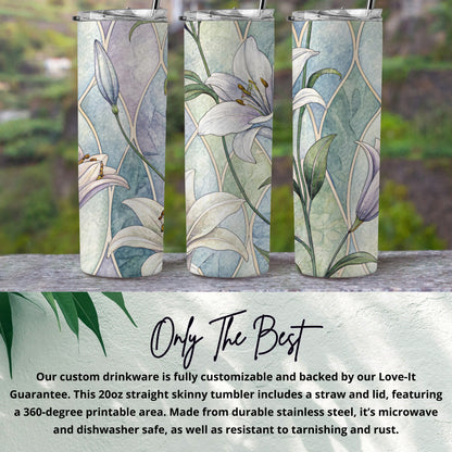 White Lilies Floral Design On Geometric Pattern 20 oz Skinny Tumbler - Walk Greener