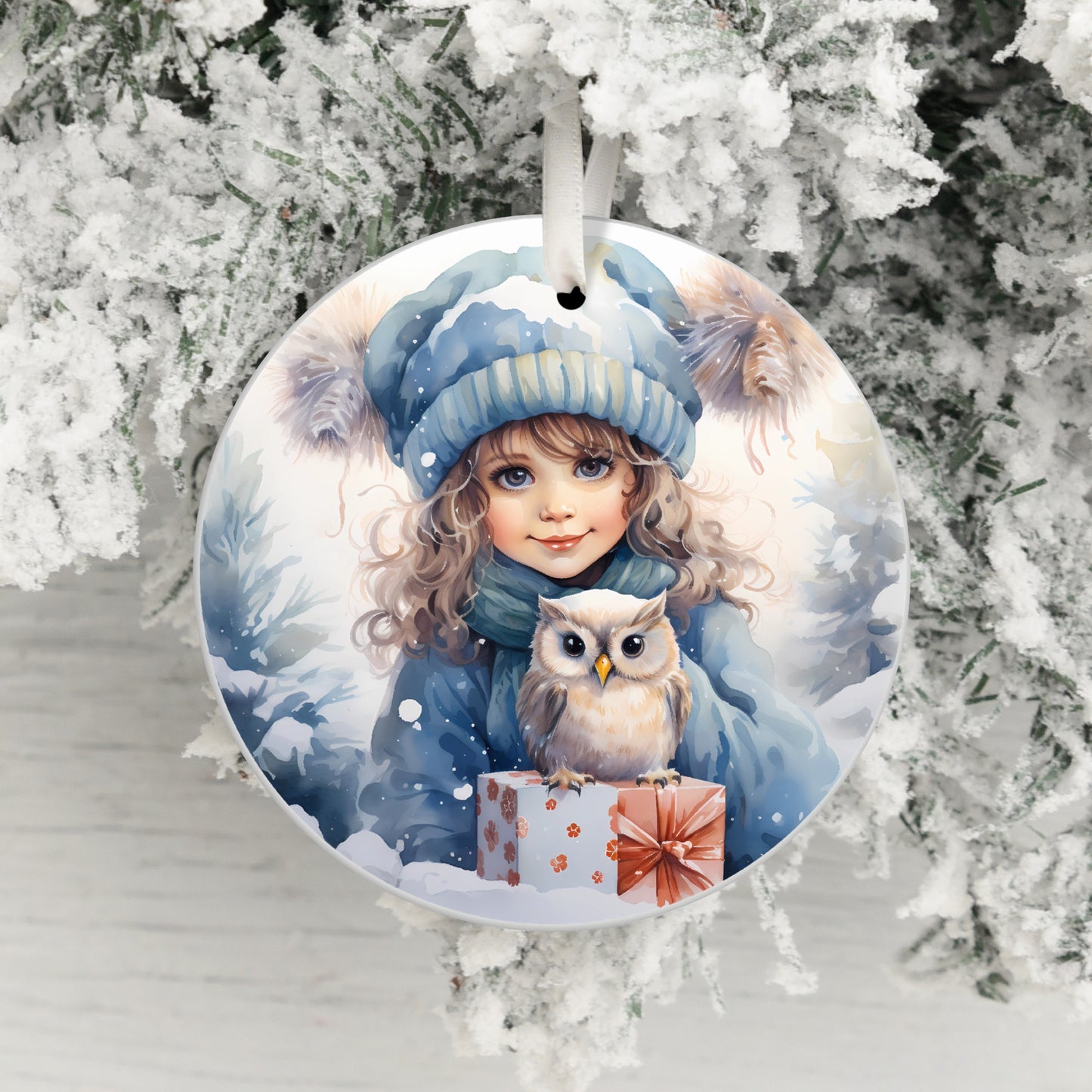 Winter Girl Art Ornament with Owl Holiday product