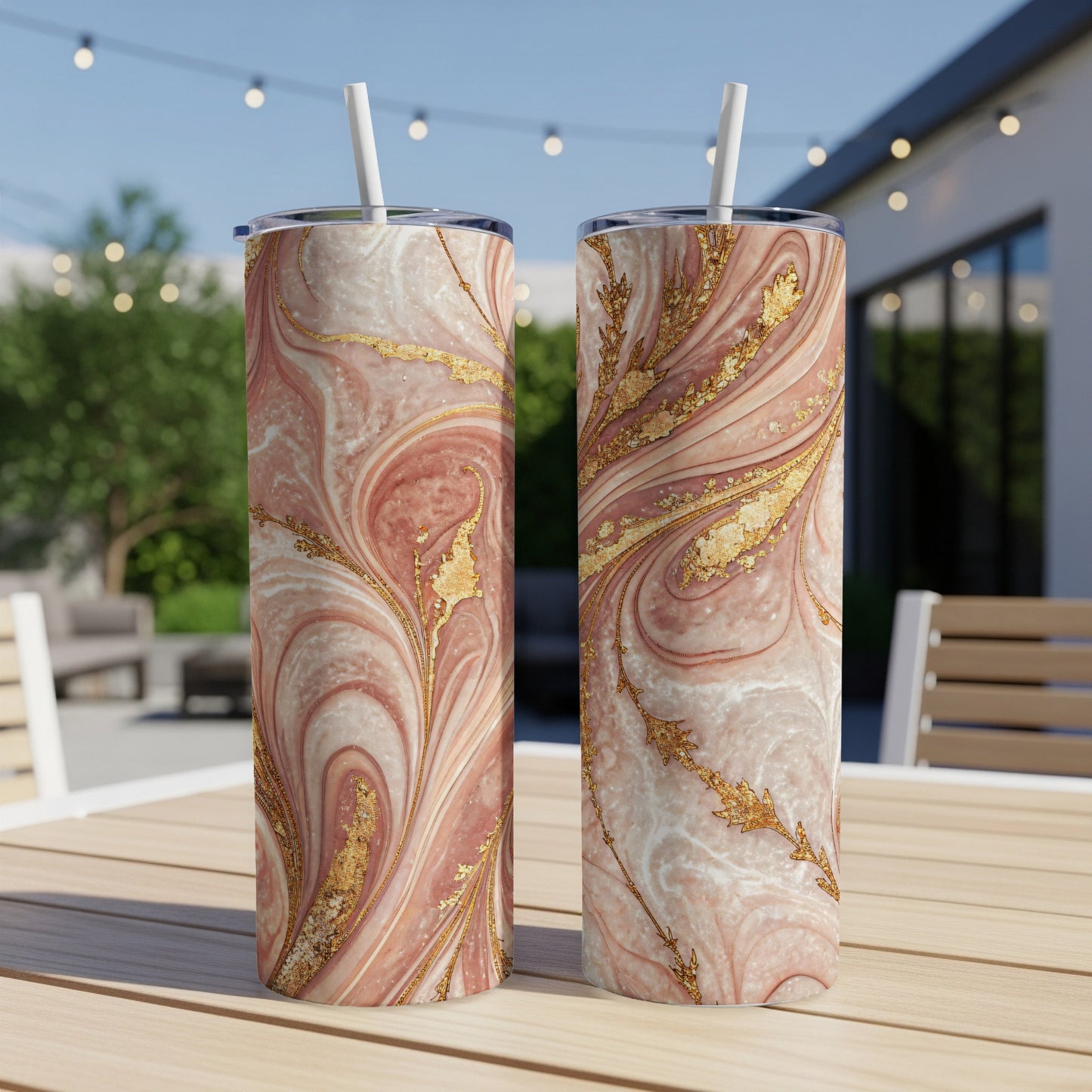 Elegant Marble Design Insulated Tumblers with Straw