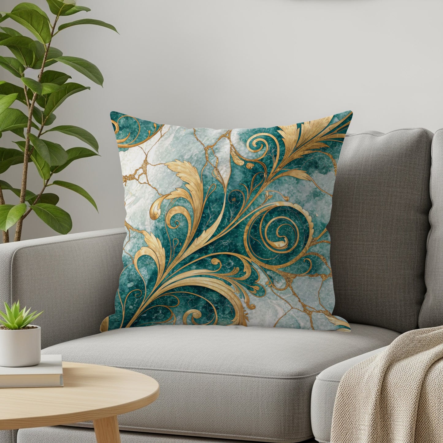 Teal and Gold Floral Pattern Elegant Decorative Floral Throw Pillows - Walk Greener