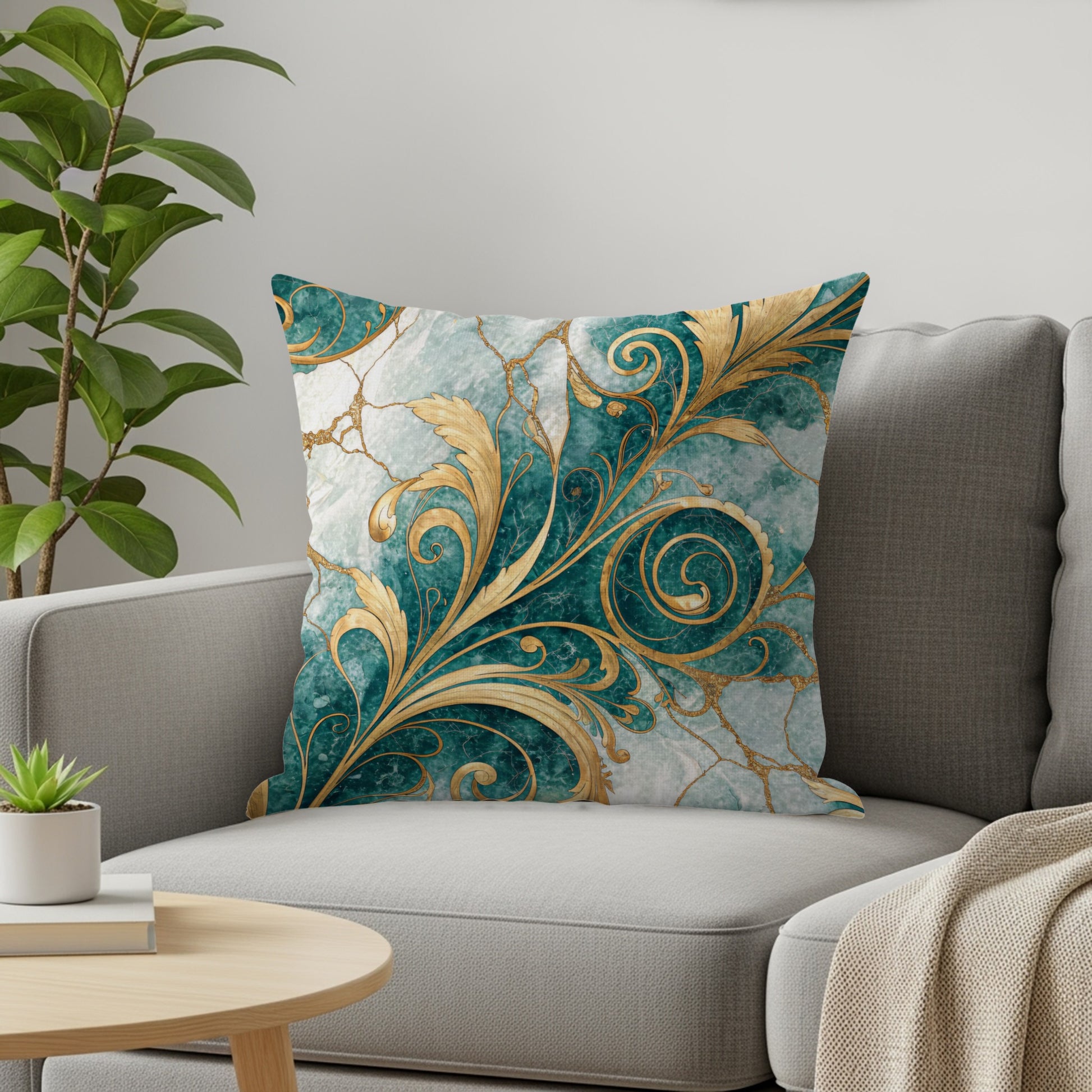 Teal and Gold Floral Pattern Elegant Decorative Floral Throw Pillows - Walk Greener