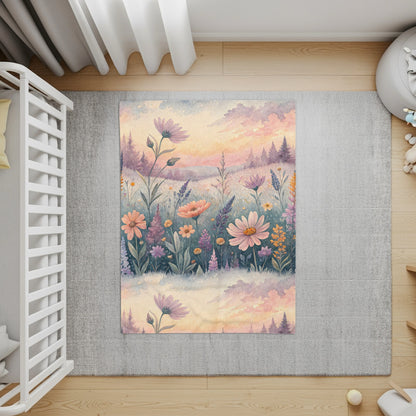 Floral Watercolor Meadow with Sunset Hues Velveteen Plush Blankets - Walk Greener