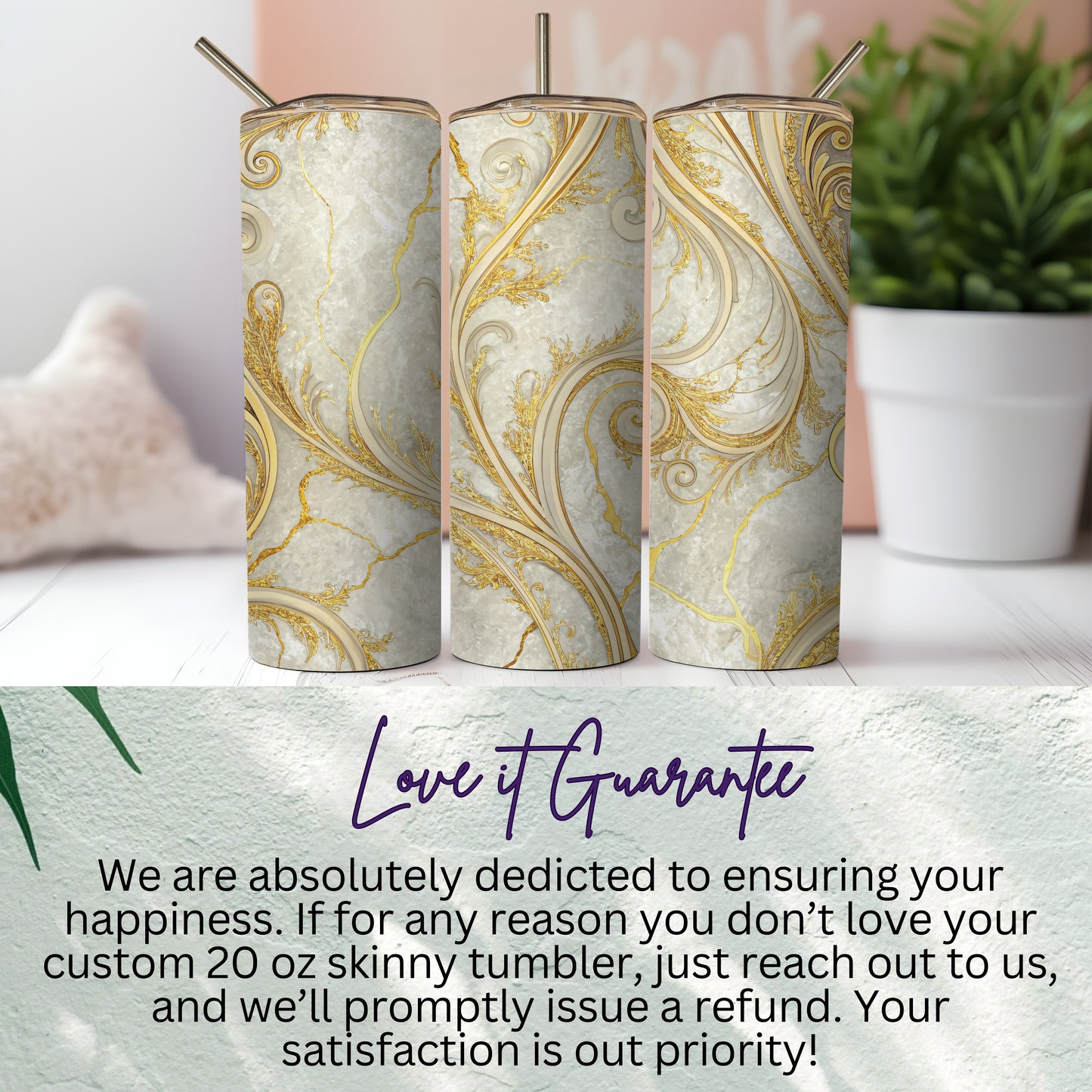 Elegant 20 oz Skinny Tumbler with Gold Swirl Design