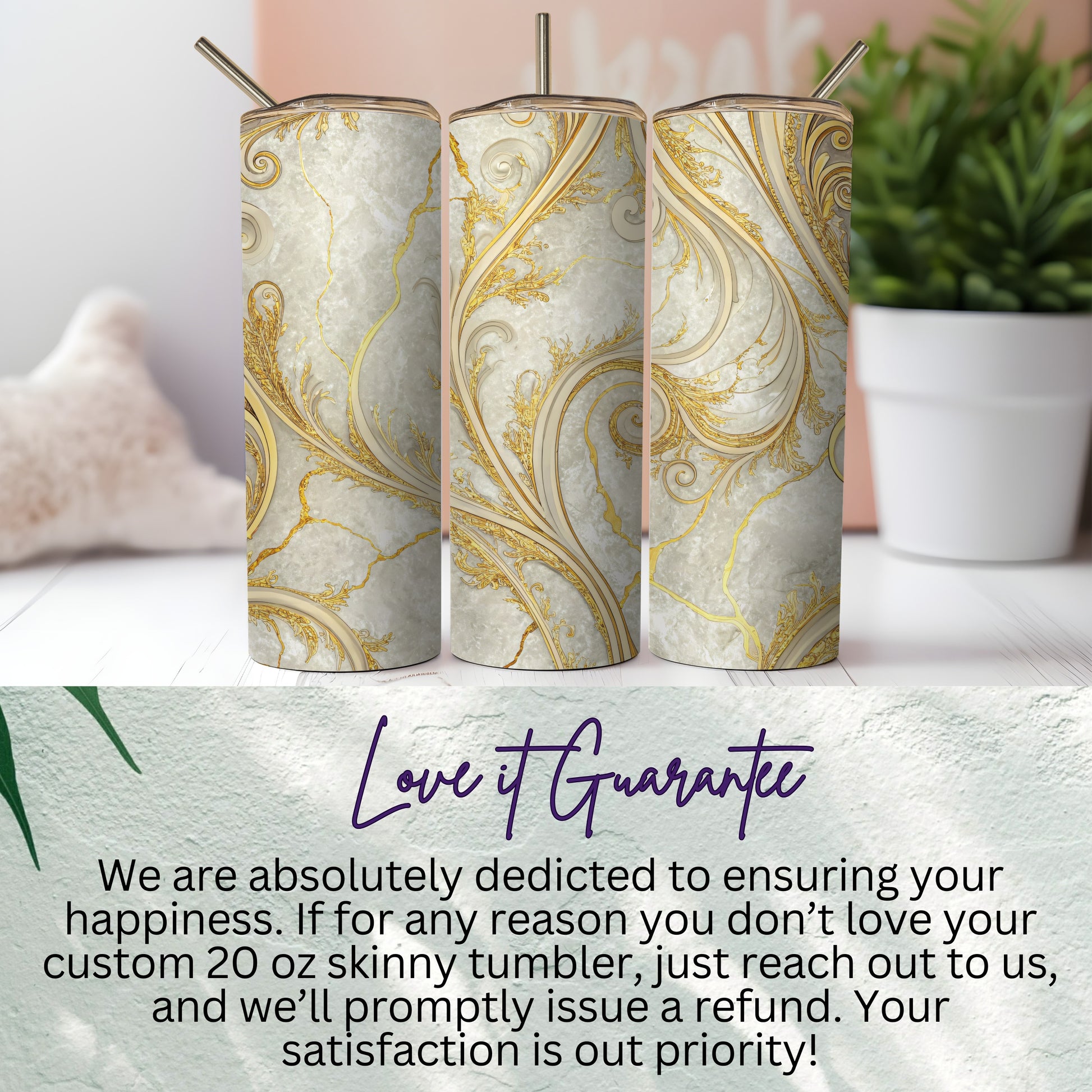 Elegant 20 oz Skinny Tumbler with Gold Swirl Design
