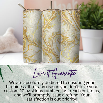 Elegant 20 oz Skinny Tumbler with Gold Swirl Design