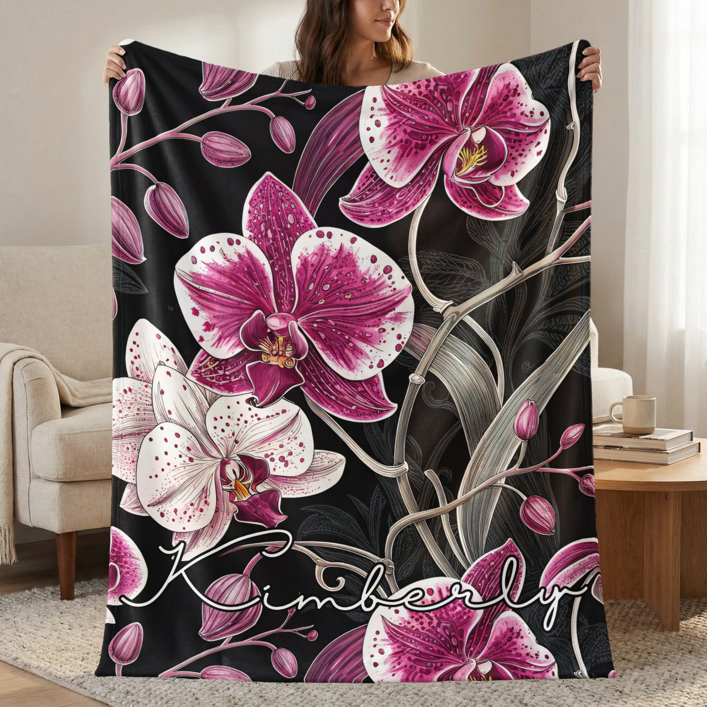 Custom Name Floral Design with Orchids on a Black Backdrop - Walk Greener