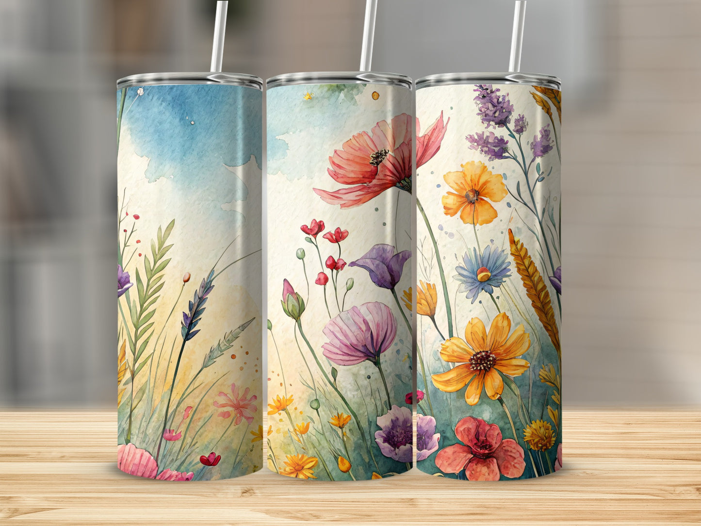 Watercolor Floral Field Design Beautiful Flower Art 20 oz Skinny Tumbler - Walk Greener
