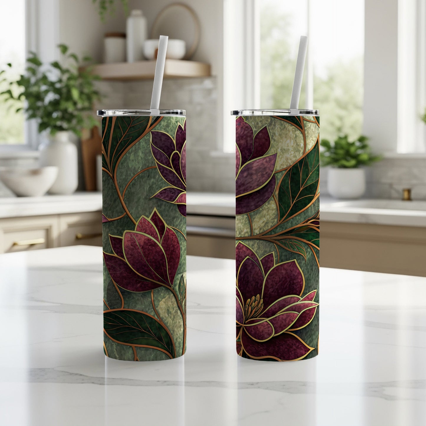 Magnolia Flowers in Watercolor Style Green Backdrop 20 oz Skinny Tumbler - Walk Greener