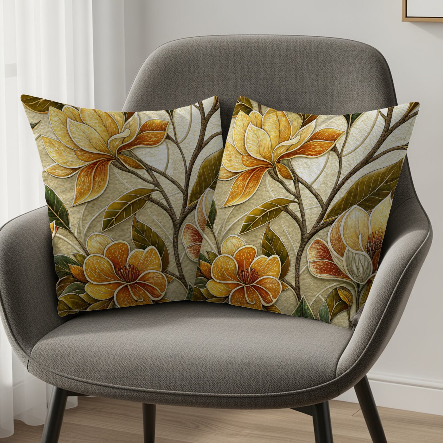 Golden Floral Bloom with Branch Artistic Decor Throw Pillows - Walk Greener